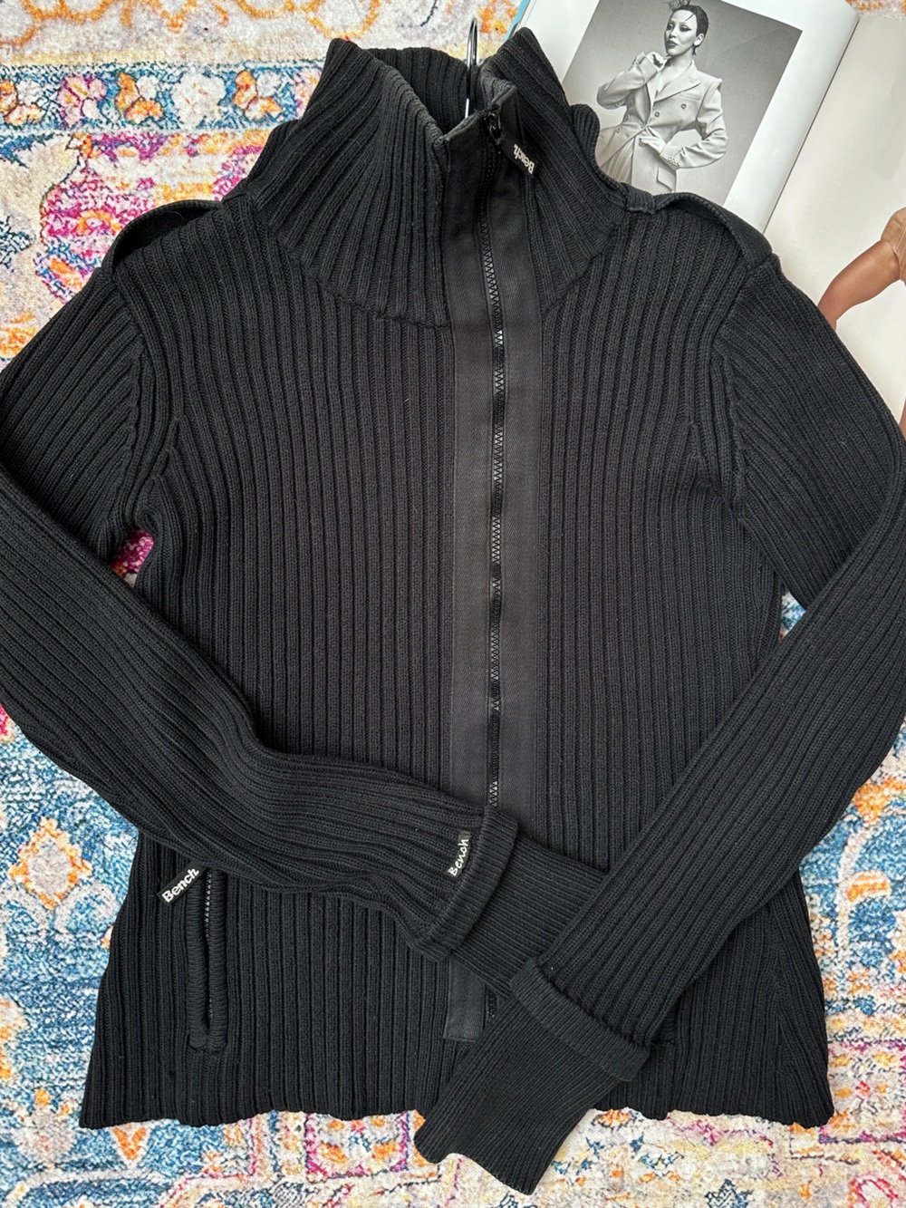 Bench Black Ribbed Zip-Up Bomber Jacket